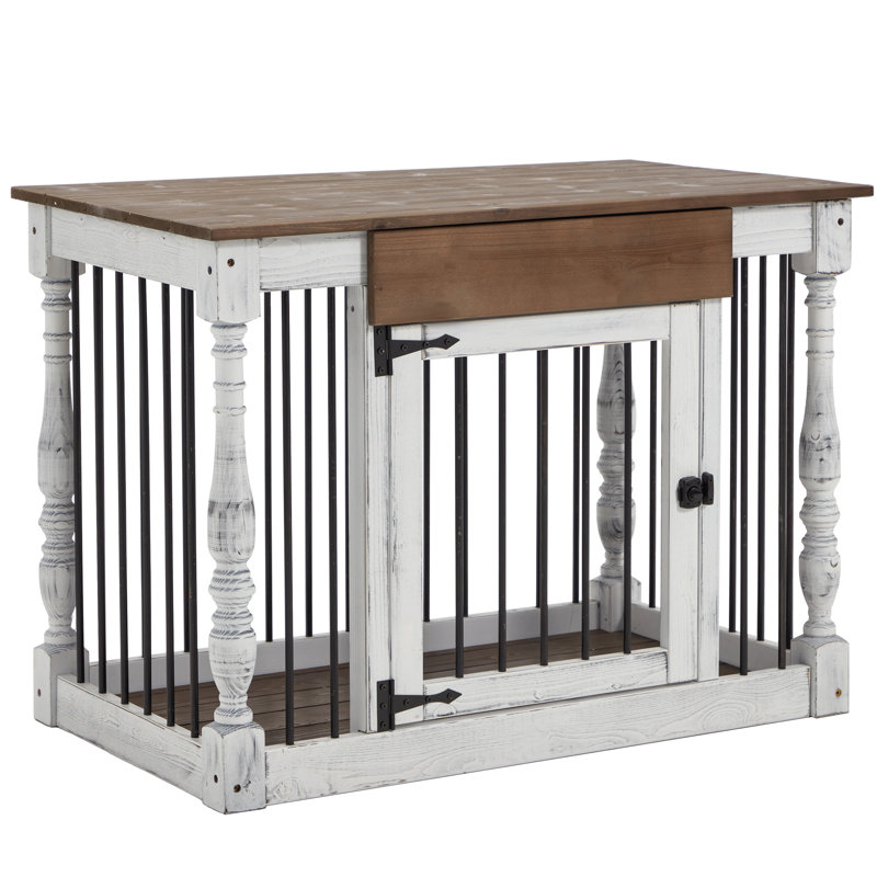 39" Dog Crate Furniture For Small & Medium Dogs, Stylish Wood Dog Crate With Waterproof Top & Roman Columns, Dog Kennel End Table, Indoor Dog Cage With Sturdy Iron Bars, White