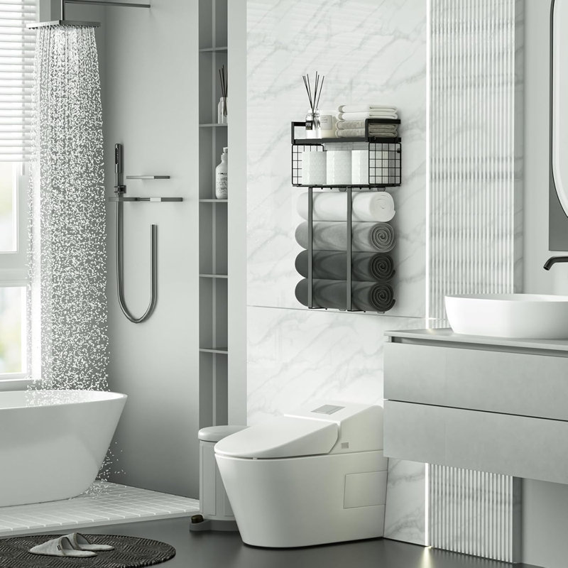 Bathroom Towel Rack With Floating Shelf And Storage Basket - Multifunctional Wall Mounted Organizer For Towels, Toilet Paper, And Decor - Space Saving Design For Small Bathrooms AC51KEM2