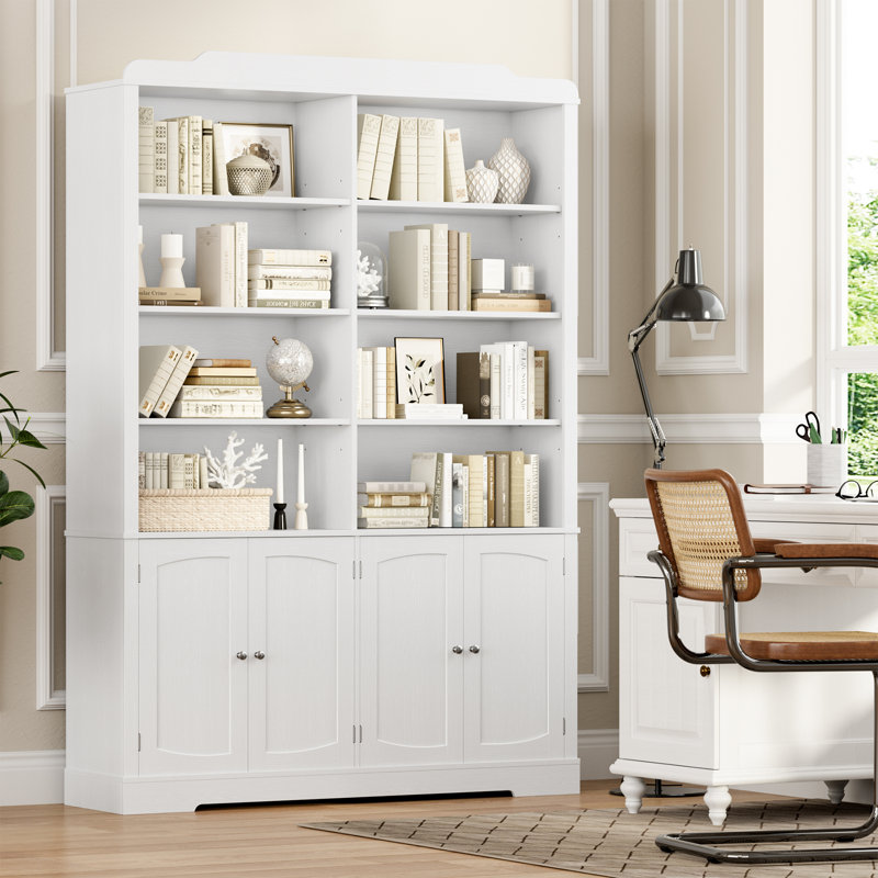 Arie 73.1"H Standard Bookcase With Adjustable Shelves, Wood Storage Freestanding Bookshelves With 8 Open Shelves and 4 Doors, White