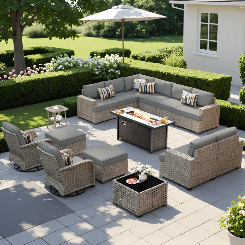 (Incomplete) 12 - Person Patio Furniture Set with Swivel Rockers, Outdoor Wicker Rattan Sectional Seating Group with Cushions, All Weather Sofa Conversation Set with Fire Pit Table for Garden Backyard
