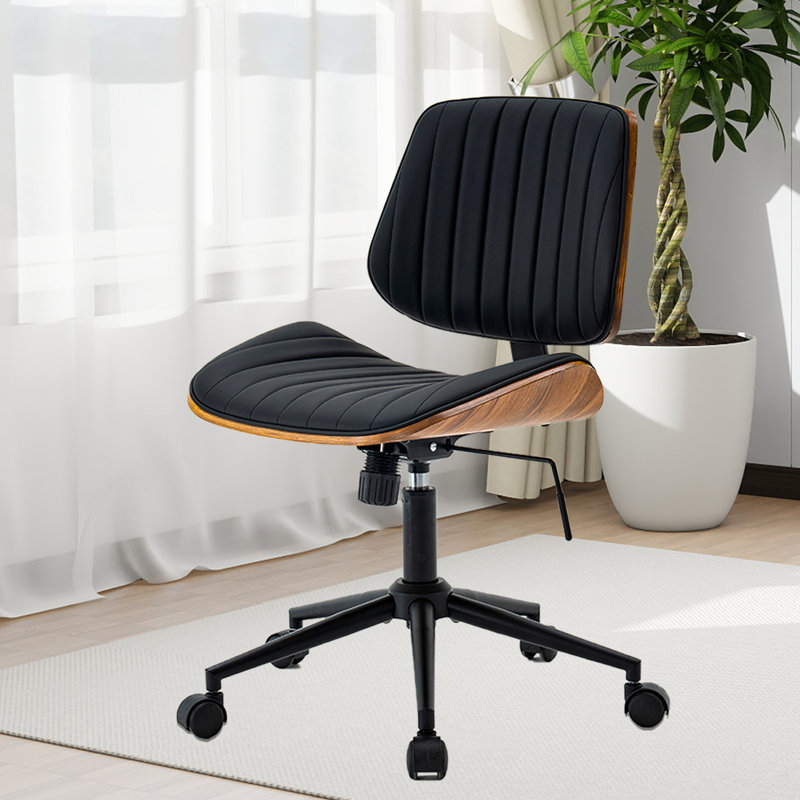 armless desk chair with 360°swivel wheels, ergonomic adjustable height computer chair for home office,pu leather with modern walnut drafting chairs for office, reading nook