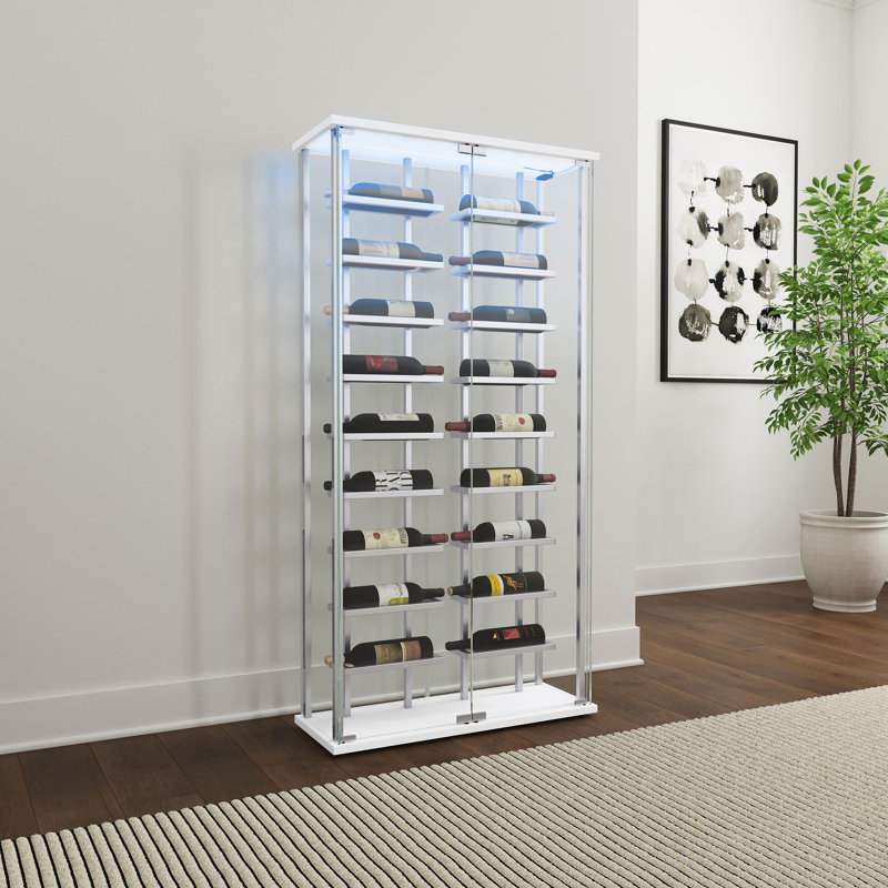 Kimika 2-Door Tempered Glass 18-Bottle Wine Tower Bar Cabinet Chrome and White