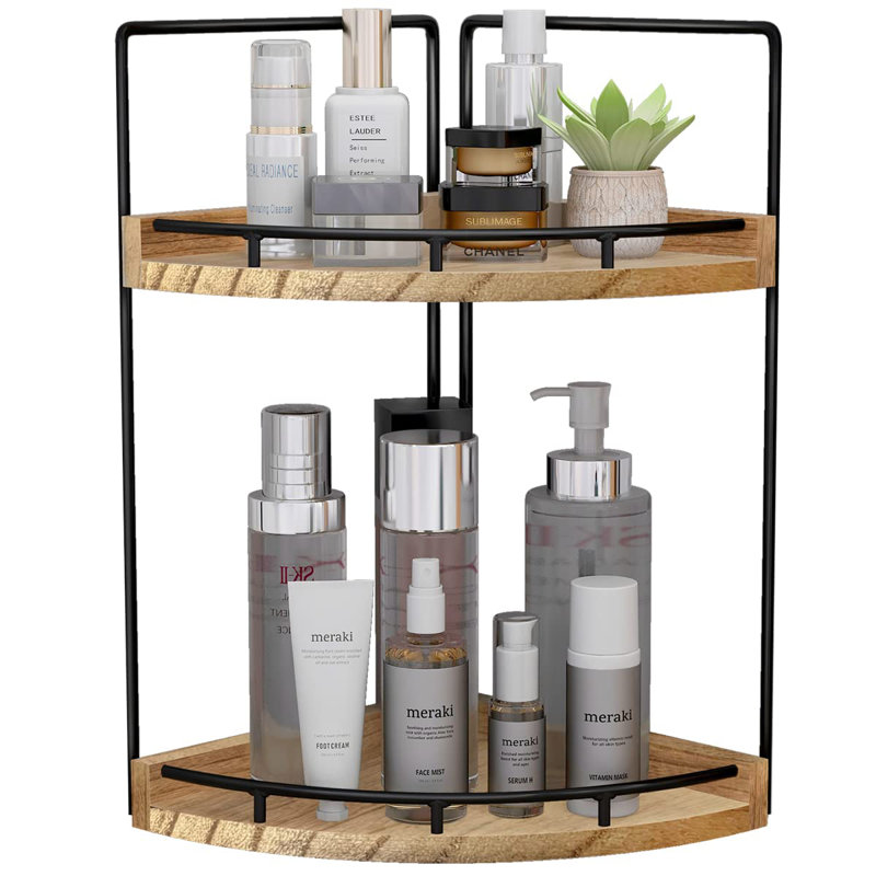 2-tier bathroom counter organizer,vanity counter corner shelf, skincare, wood countertop bathroom storage and organization for kitchen (brown)