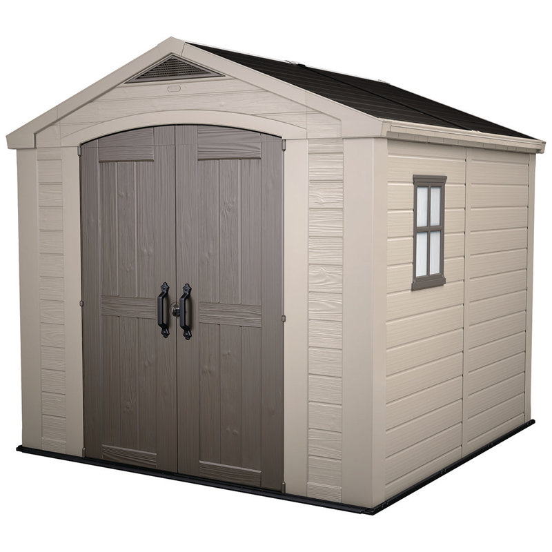 ( incomplete box 2color negro )Keter Factor 8x8 ft. Durable Resin Outdoor Storage Shed With Floor and Double Doors for Garden Patio Furniture and Tools, Brown
