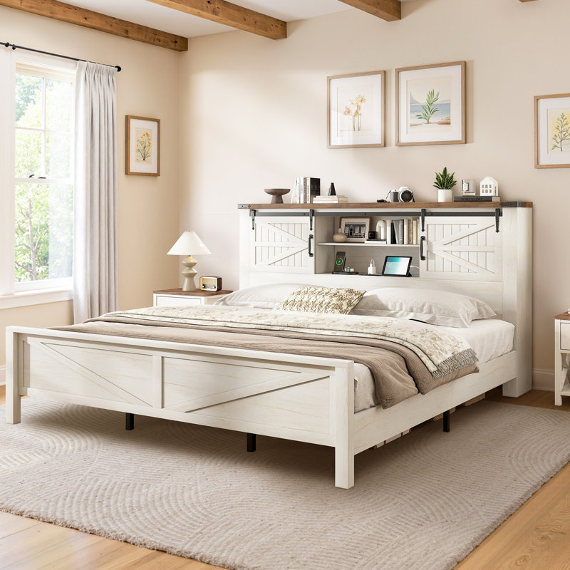 Oceant Sherell Farmhouse King Bed Frame Storage Bookcase Headboard, White