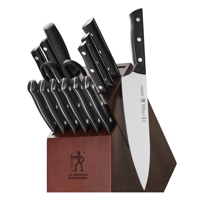 henckels dynamic razor-sharp 15-piece knife set, german engineered informed by 100+ years of mastery, chefs knife, dark brown