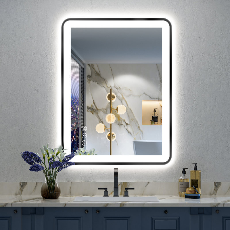 similar Hyosvany Matte Black Matel Framed LED Vanity Mirror with Front-lit and Back-lit, Memory Function, 3 Color Temperatures, Dimmable Light & Anti-fog Tempered Glass Mirror