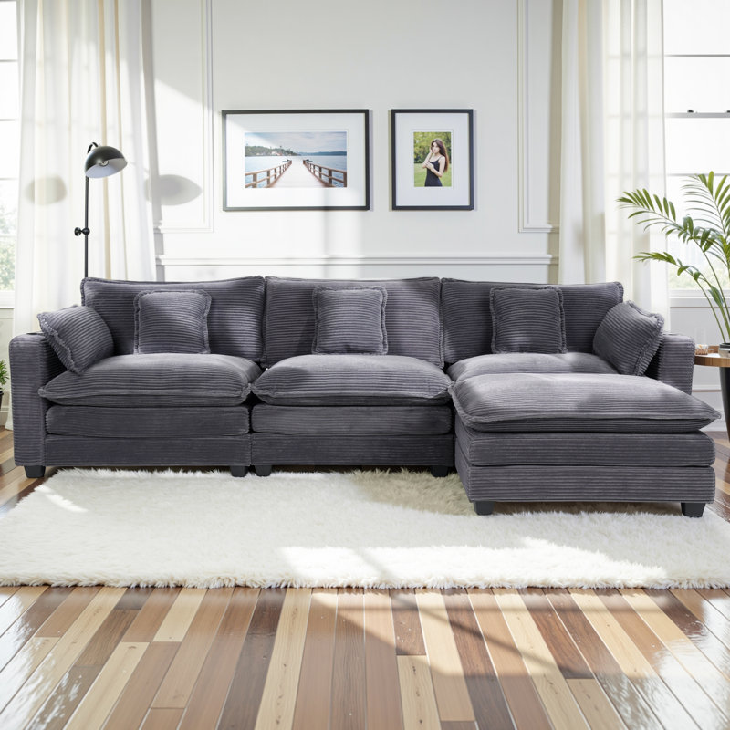 Corduroy 3-Seat Sectional Sofa - Modular Sleeper with USB Ports, Cup Holders, Armrest Cushions & Ottoman, Comfy Upholstered for Living Room, Apartment, Office