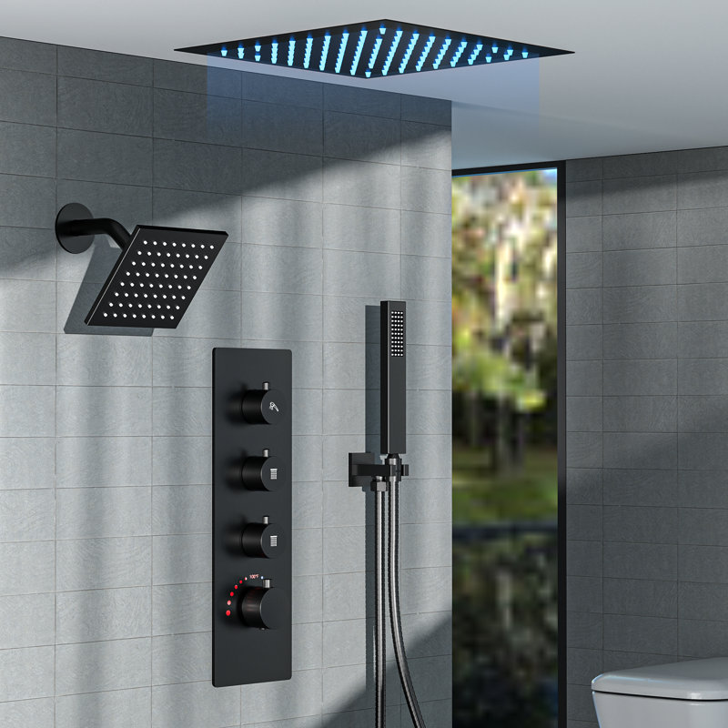 LED Thermostatic Rainfall Shower Faucet, 12" High-Pressure Dual Showerheads with Handheld Shower SFS-1034-BK12
