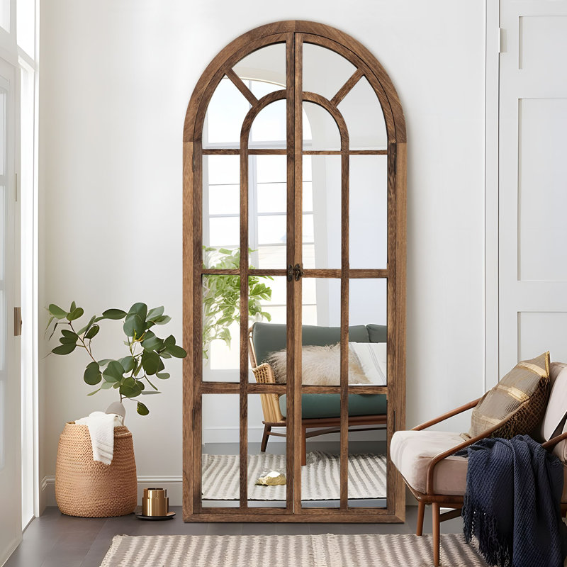 71"×31" Arch Wood Full Length Wall Mirror with Window Pane Frame