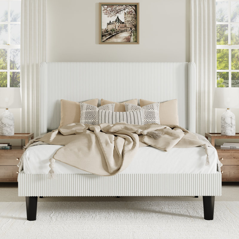 Ribbed Corduroy Platform Bed With Wingback Headboard And Wooden Slats, No Box Spring Needed (gray and incomplete)