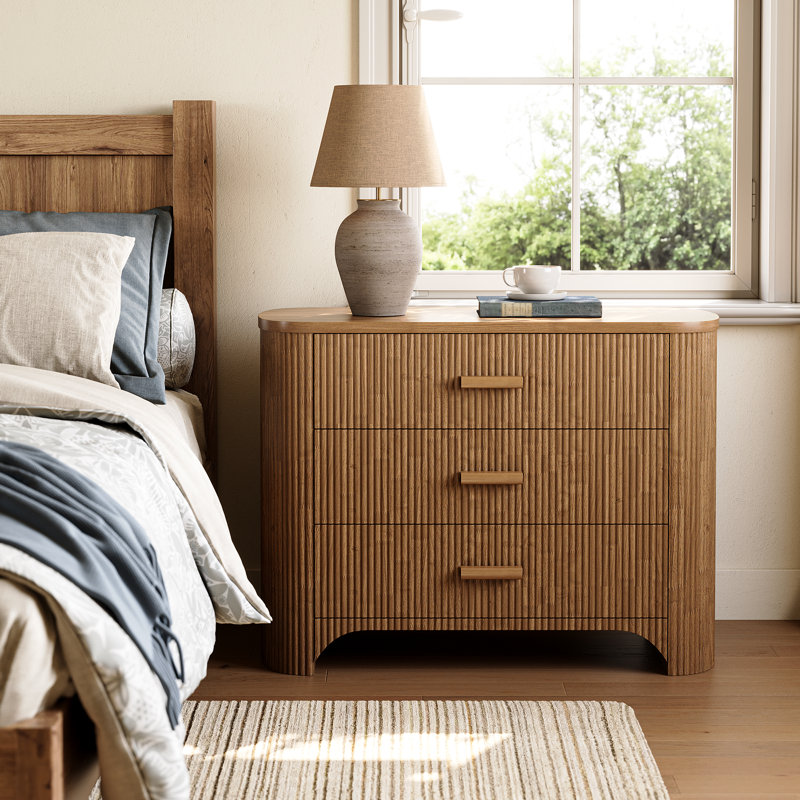 31.5'' Wide Fluted Nightstands, Oversized 3 Drawer Night Stand, Large Bedside End Table For Bedroom, Living Room