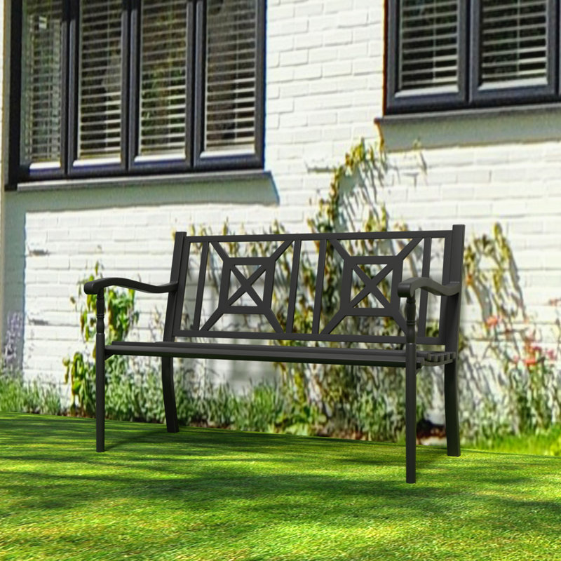50" Outdoor Bench, Rustproof Metal Garden Bench with Ergonomic Backrest&Armrests