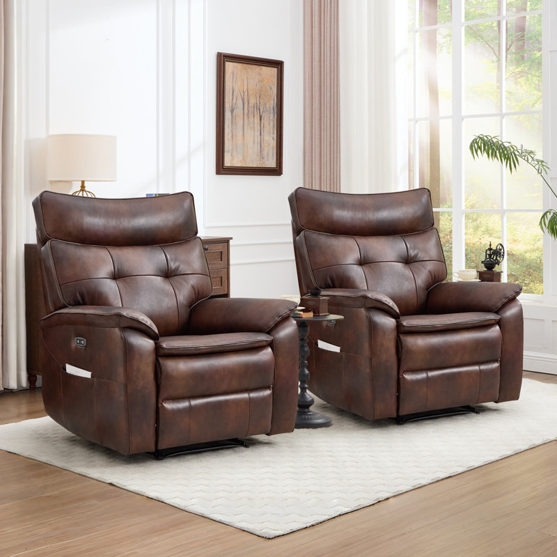 35.8" Wide Sleek Modern Top Genuine Leather Upholstered Power Recliner With Side Pocket & USB Port (Set Of 2)